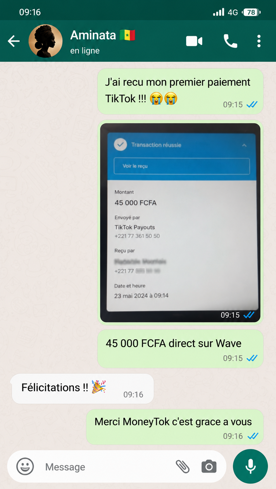 Témoignage WhatsApp - Premier paiement TikTok
